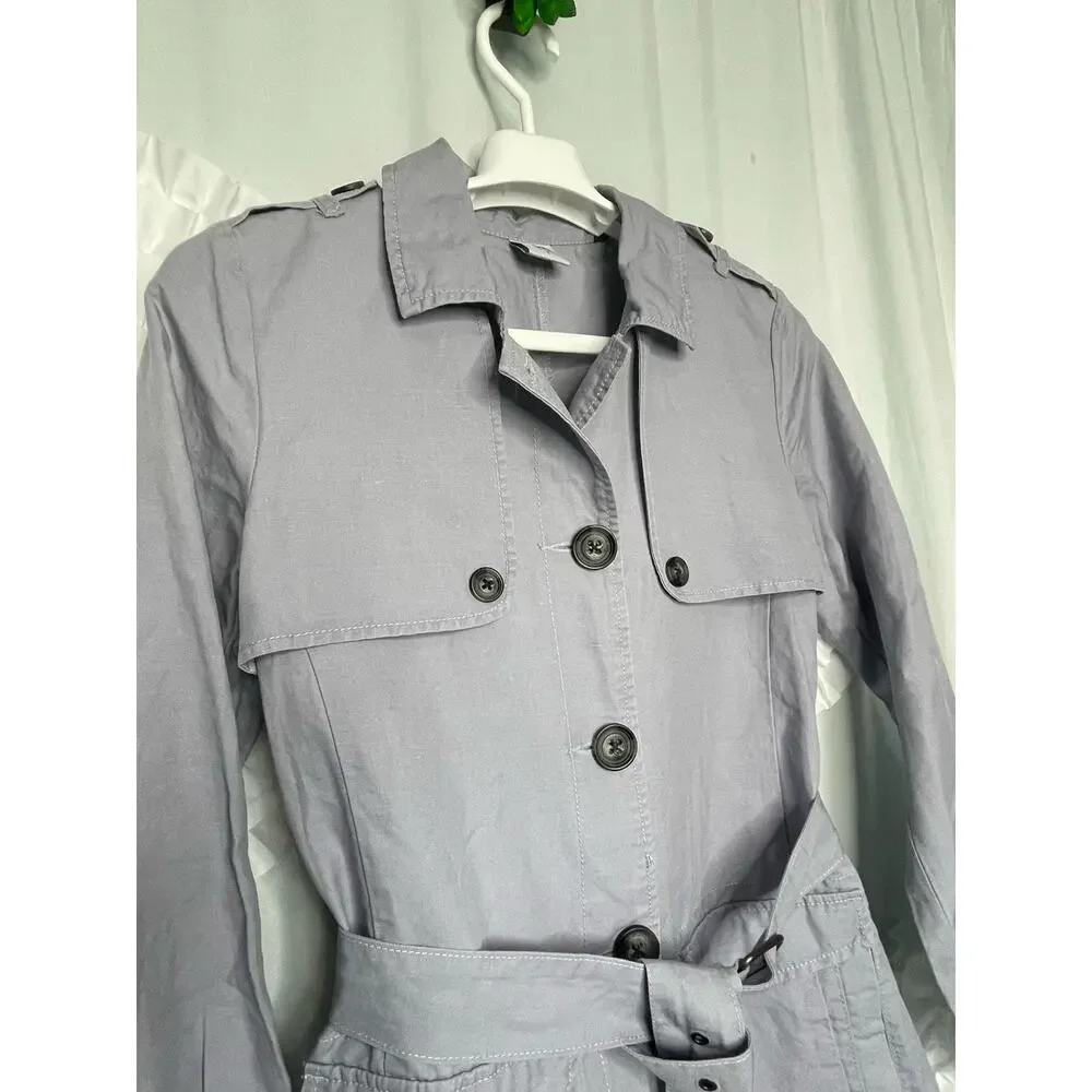 Cabi Tanner Trench Coat Linen Cotton Blend in Silver Lake Size Small
